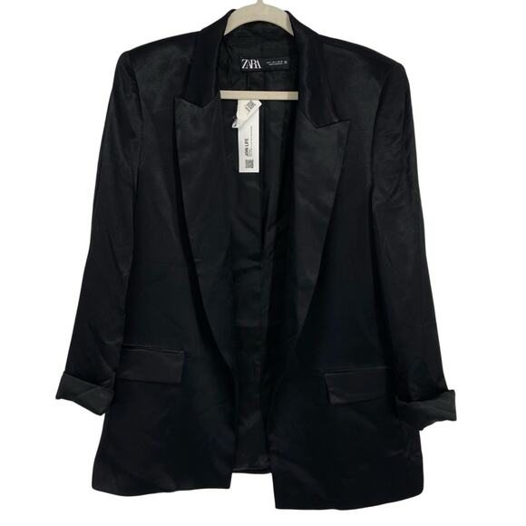 New Zara Black Satin Long Line Blazer With Turn-up Cuffs Size Large - Picture 1 of 16